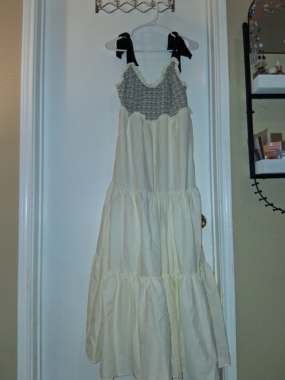 Source Unknown Cream Tiered Maxi Dress with Black Tie Straps